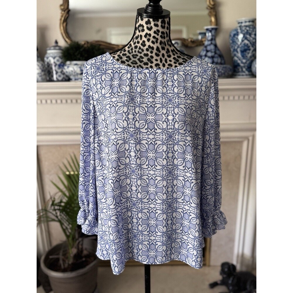 Talbots Tunic Top Blue Tile Mosaic Print Pullover Cotton White Blue Size Large